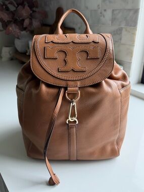 Tory Burch All-T Drawstring Fold-Over Backpack in Brown Leather